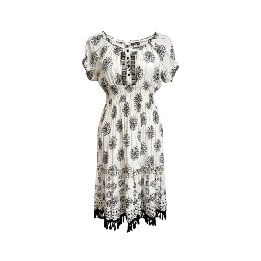 Me 2 Magic Anthropologie Boho White Dress Black Gold Smocked Tassel Fringe NWT S